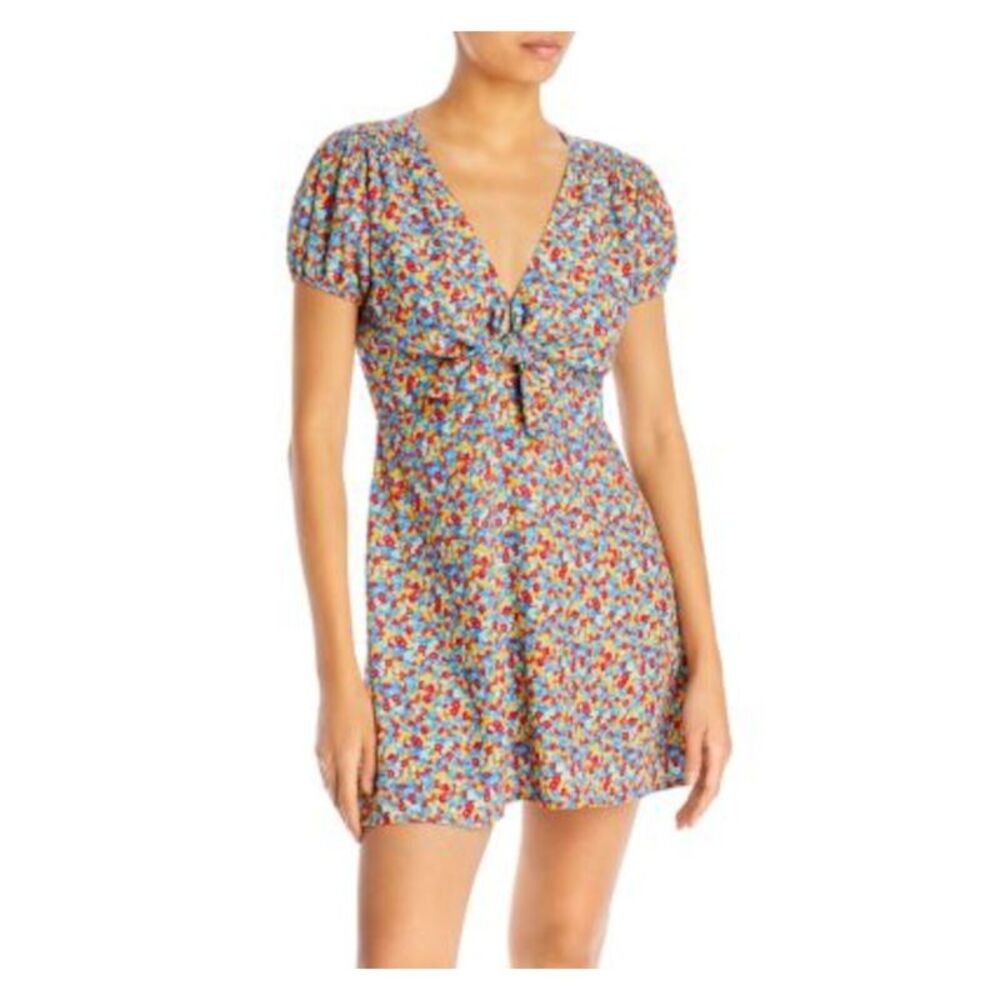 FAITHFULL THE BRAND Womens Blue Tie Pouf Sleeve V Neck Mini Sheath Dress S